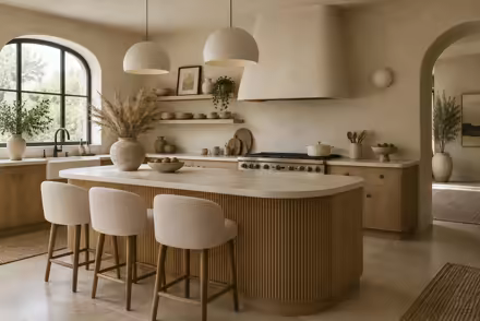 AI-generated organic modern kitchen interior design: soft shape everywhere: one curved sculptural sofa in cream boucle