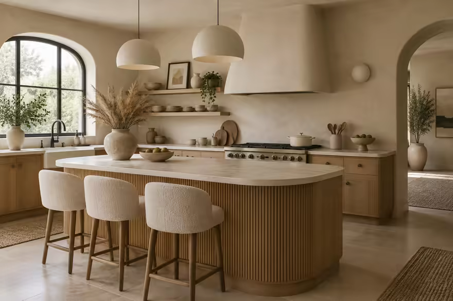 AI-generated organic modern kitchen interior design: soft shape everywhere: one curved sculptural sofa in cream boucle