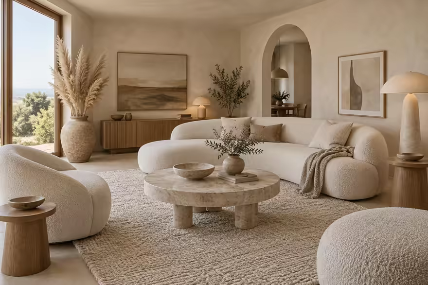 AI-generated organic modern living room interior design: soft shape everywhere: one curved sculptural sofa in cream boucle