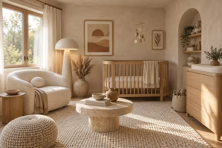 AI-generated organic modern nursery interior design: soft shape everywhere: one curved sculptural sofa in cream boucle