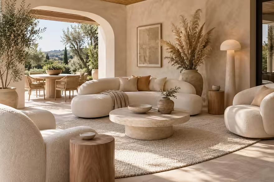AI-generated organic modern patio interior design: soft shape everywhere: one curved sculptural sofa in cream boucle