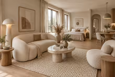 AI-generated organic modern studio apartment interior design: soft shape everywhere: one curved sculptural sofa in cream boucle