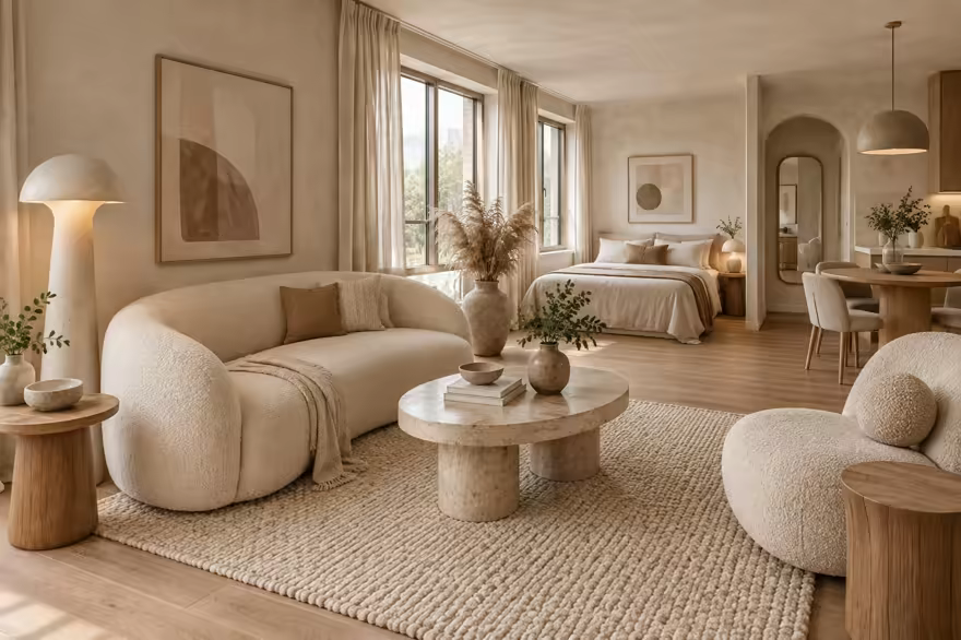 AI-generated organic modern studio apartment interior design: soft shape everywhere: one curved sculptural sofa in cream boucle