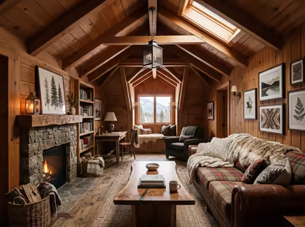 AI-generated rustic cabin attic interior design: warm timber-clad walls