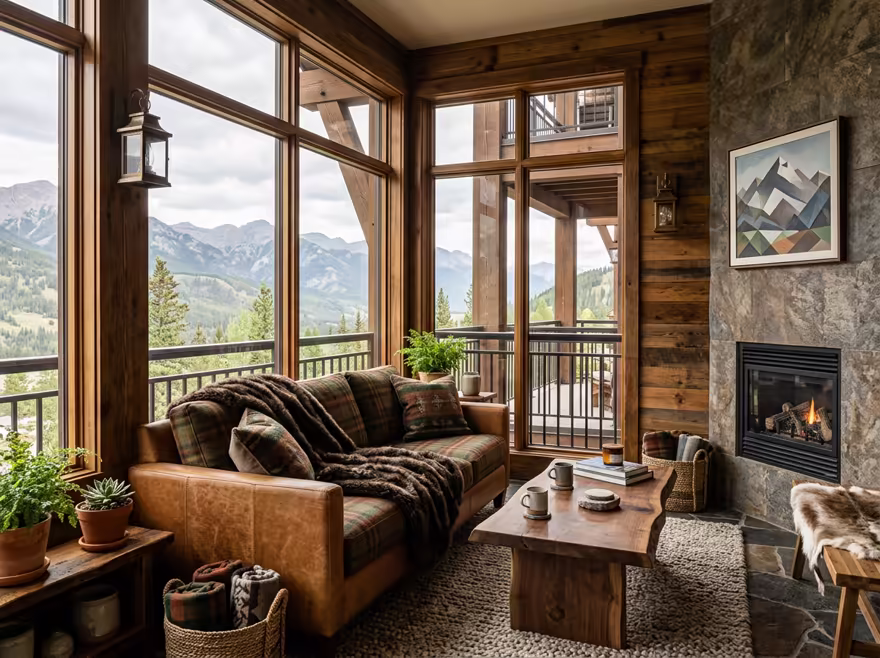 AI-generated rustic cabin balcony interior design: warm timber-clad walls