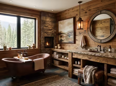 AI-generated rustic cabin bathroom interior design: warm timber-clad walls