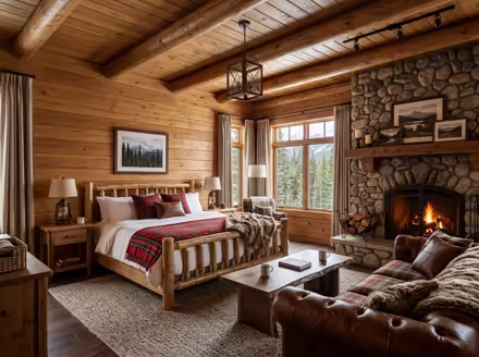AI-generated rustic cabin bedroom interior design: warm timber-clad walls