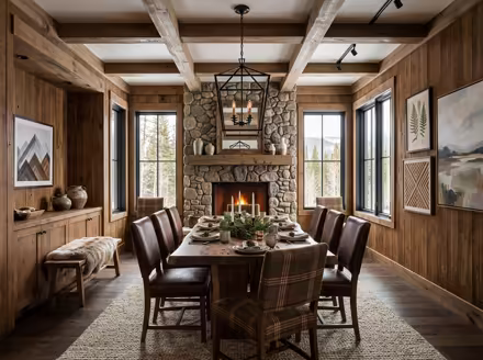 AI-generated rustic cabin dining room interior design: warm timber-clad walls
