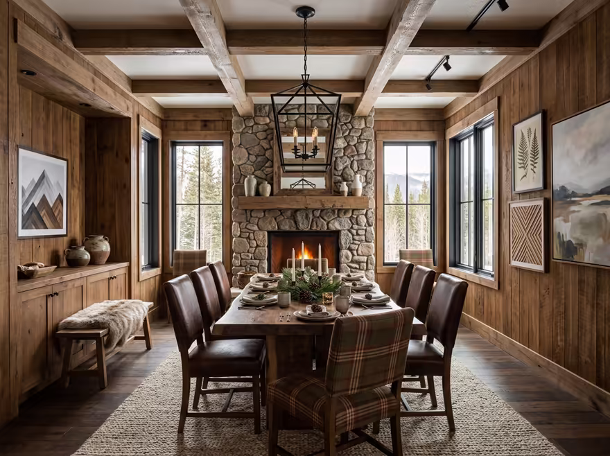 AI-generated rustic cabin dining room interior design: warm timber-clad walls