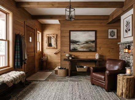 AI-generated rustic cabin entryway interior design: warm timber-clad walls