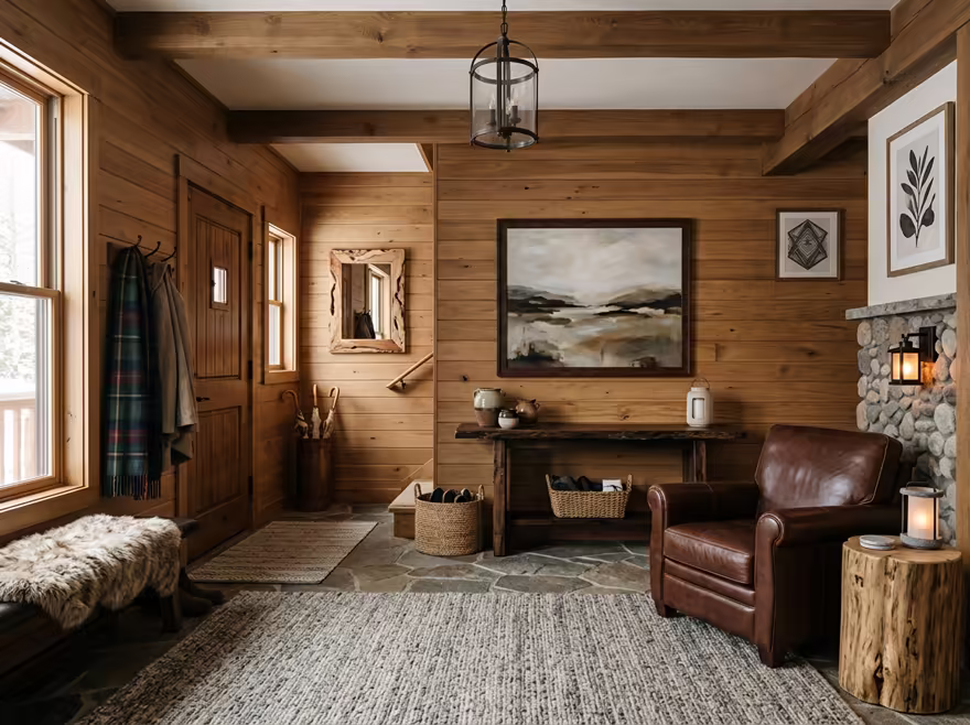 AI-generated rustic cabin entryway interior design: warm timber-clad walls
