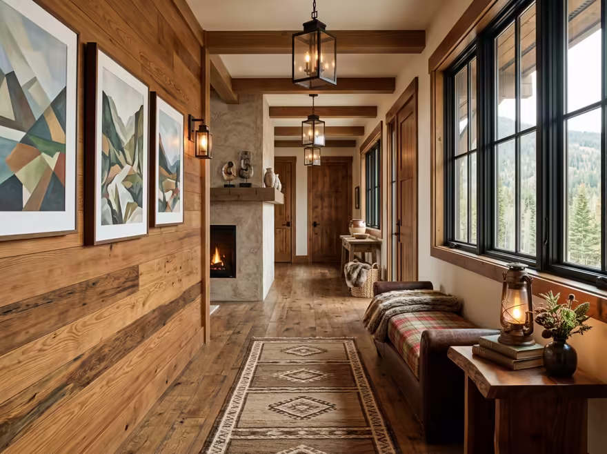 AI-generated rustic cabin hallway interior design: warm timber-clad walls