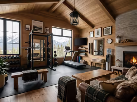 AI-generated rustic cabin home gym interior design: warm timber-clad walls