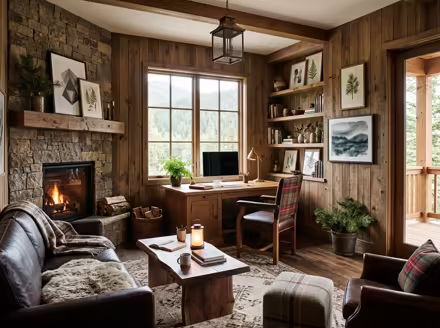 AI-generated rustic cabin home office interior design: warm timber-clad walls