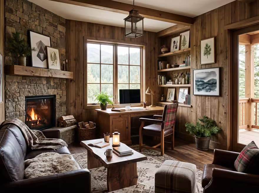 AI-generated rustic cabin home office interior design: warm timber-clad walls