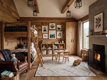AI-generated rustic cabin kids room interior design: warm timber-clad walls