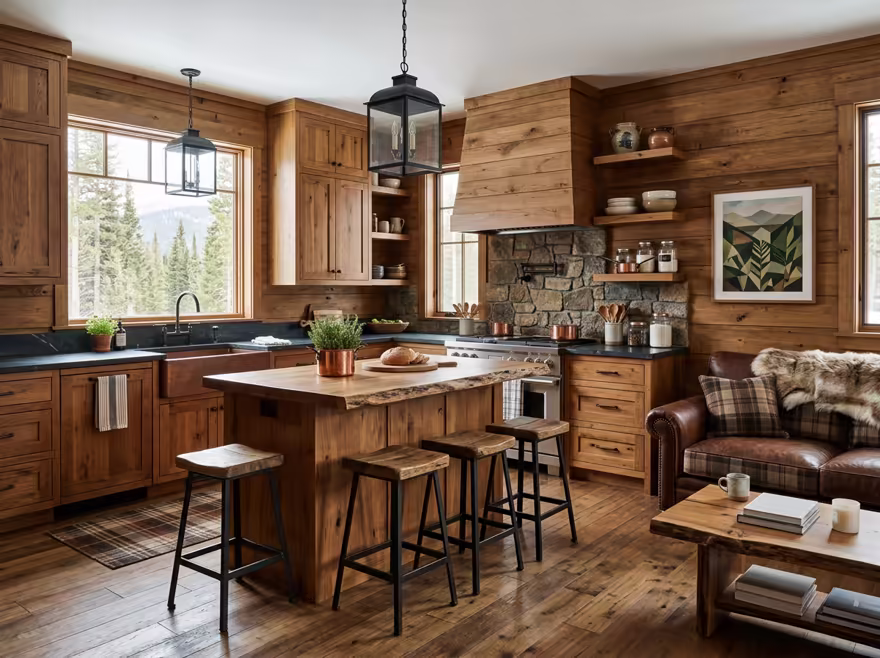 AI-generated rustic cabin kitchen interior design: warm timber-clad walls