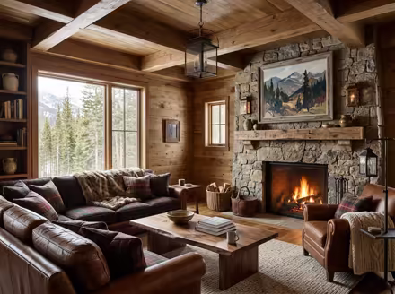 AI-generated rustic cabin living room interior design: warm timber-clad walls