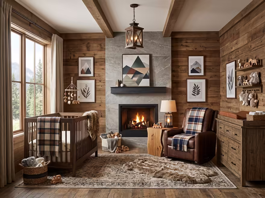AI-generated rustic cabin nursery interior design: warm timber-clad walls