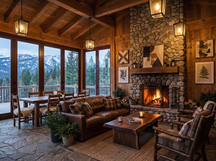 AI-generated rustic cabin patio interior design: warm timber-clad walls