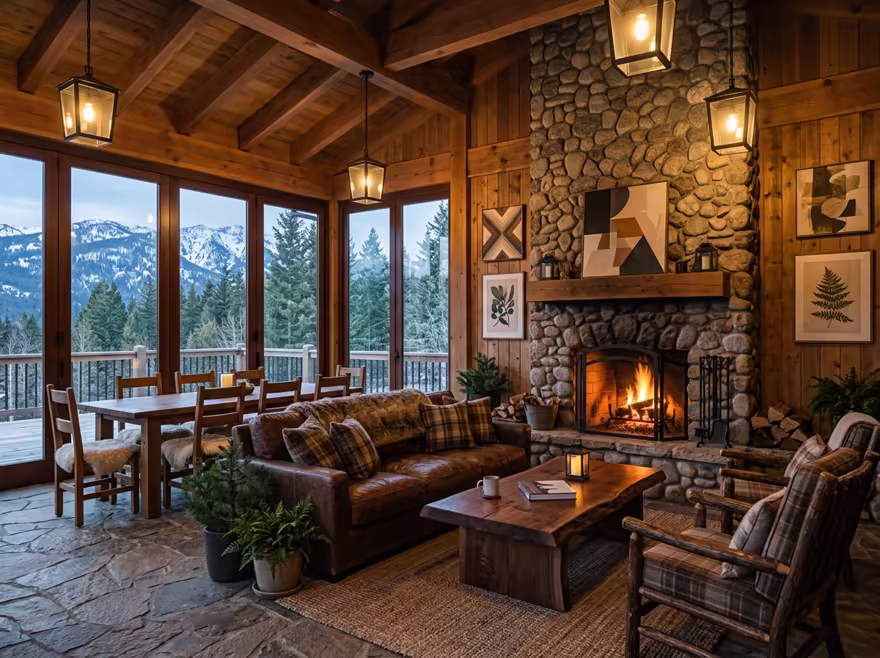 AI-generated rustic cabin patio interior design: warm timber-clad walls