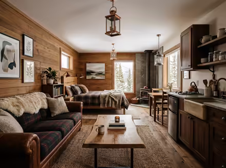 AI-generated rustic cabin studio apartment interior design: warm timber-clad walls