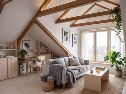 AI-generated scandinavian attic interior design: pale birch and ash wood