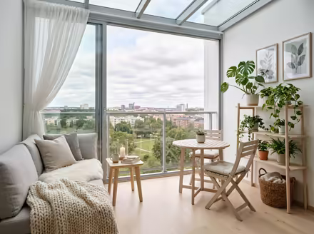 AI-generated scandinavian balcony interior design: pale birch and ash wood