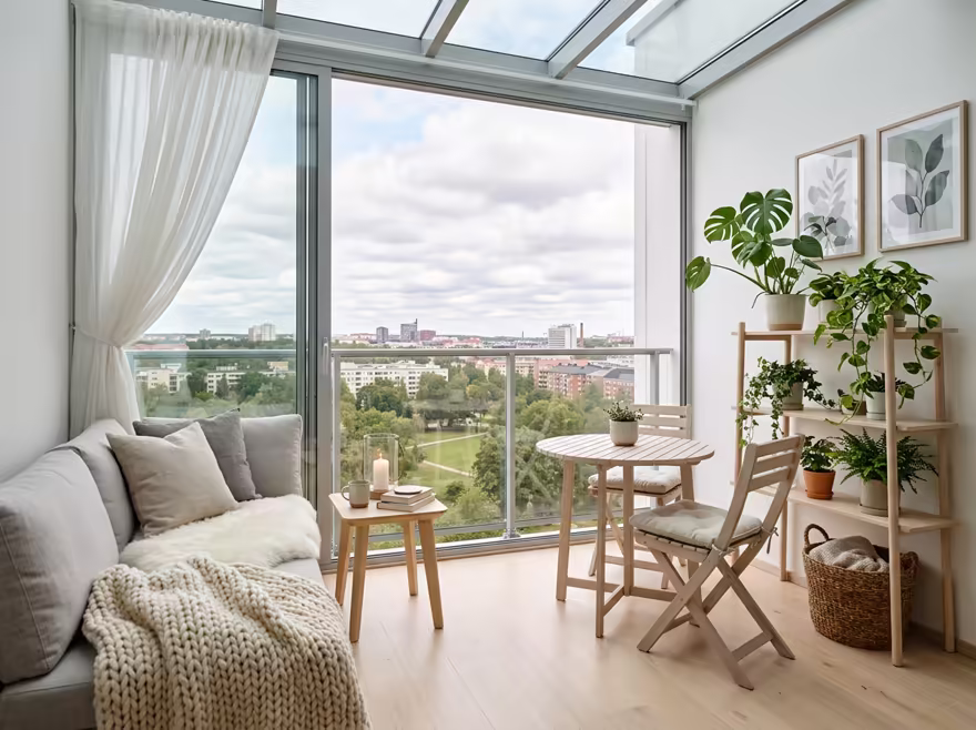 AI-generated scandinavian balcony interior design: pale birch and ash wood