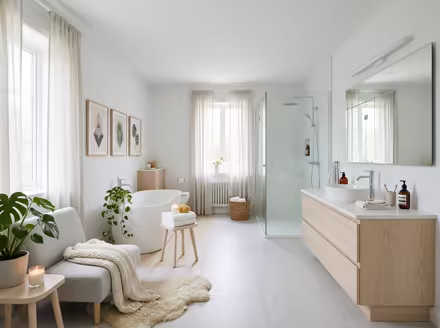 AI-generated scandinavian bathroom interior design: pale birch and ash wood