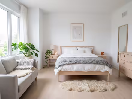 AI-generated scandinavian bedroom interior design: pale birch and ash wood