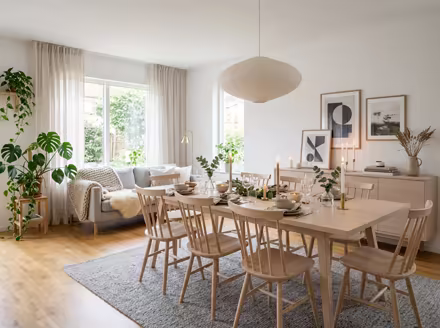 AI-generated scandinavian dining room interior design: pale birch and ash wood