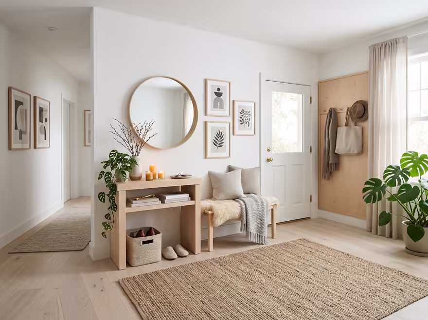 AI-generated scandinavian entryway interior design: pale birch and ash wood
