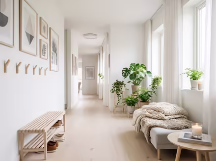 AI-generated scandinavian hallway interior design: pale birch and ash wood