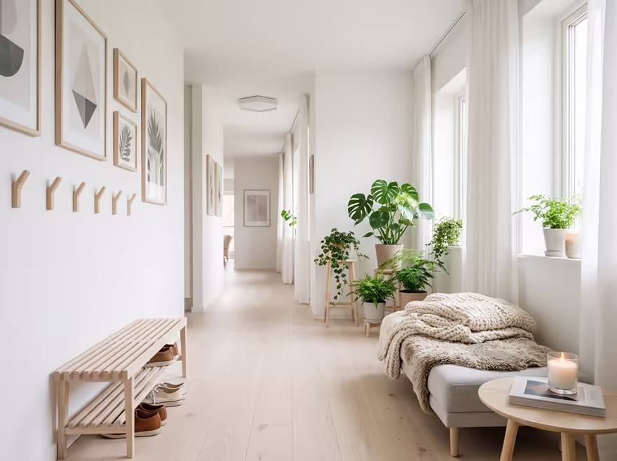 AI-generated scandinavian hallway interior design: pale birch and ash wood