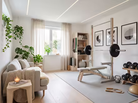 AI-generated scandinavian home gym interior design: pale birch and ash wood