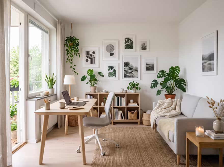 AI-generated scandinavian home office interior design: pale birch and ash wood