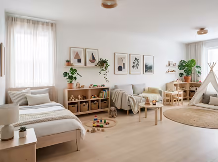 AI-generated scandinavian kids room interior design: pale birch and ash wood