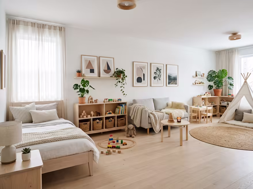 AI-generated scandinavian kids room interior design: pale birch and ash wood