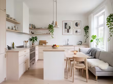 AI-generated scandinavian kitchen interior design: pale birch and ash wood