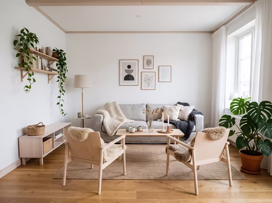 AI-generated scandinavian living room interior design: pale birch and ash wood