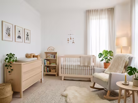 AI-generated scandinavian nursery interior design: pale birch and ash wood