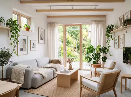 AI-generated scandinavian patio interior design: pale birch and ash wood