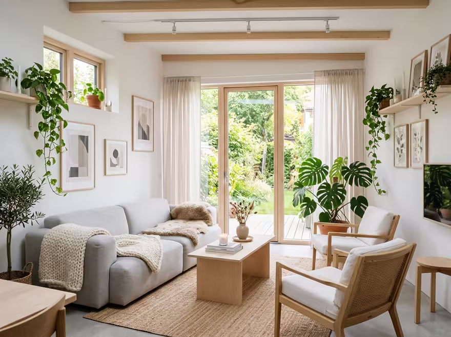 AI-generated scandinavian patio interior design: pale birch and ash wood