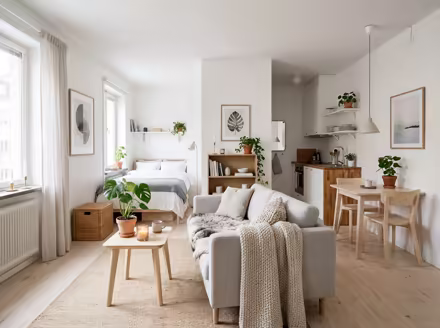 AI-generated scandinavian studio apartment interior design: pale birch and ash wood