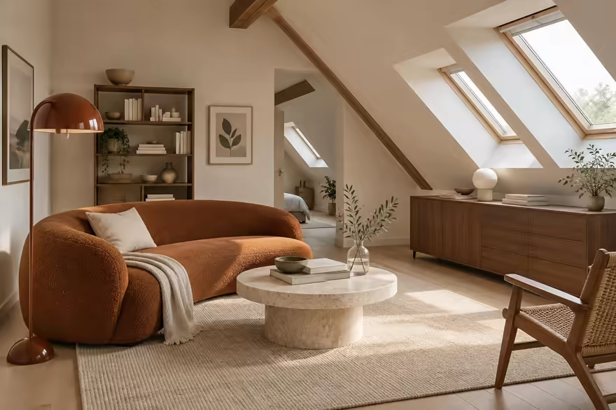 AI-generated scanditalia attic interior design: Scandinavian restraint with Italian warmth: one curved sofa in terracotta or ochre boucle
