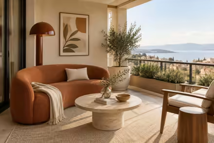 AI-generated scanditalia balcony interior design: Scandinavian restraint with Italian warmth: one curved sofa in terracotta or ochre boucle