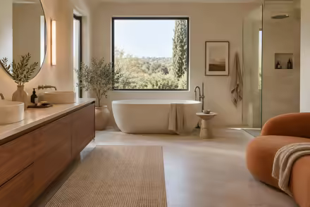 AI-generated scanditalia bathroom interior design: Scandinavian restraint with Italian warmth: one curved sofa in terracotta or ochre boucle