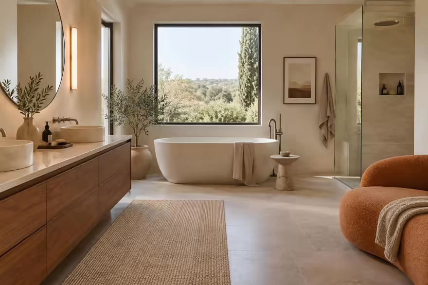 AI-generated scanditalia bathroom interior design: Scandinavian restraint with Italian warmth: one curved sofa in terracotta or ochre boucle