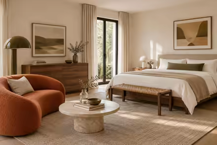 AI-generated scanditalia bedroom interior design: Scandinavian restraint with Italian warmth: one curved sofa in terracotta or ochre boucle